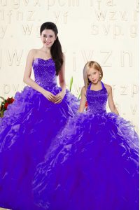 Clearance Organza Sweetheart Sleeveless Lace Up Beading and Ruffles Quince Ball Gowns in Purple