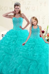 Aqua Blue Quinceanera Dress Military Ball and Sweet 16 and Quinceanera with Beading and Ruffles Sweetheart Sleeveless Lace Up
