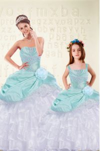 Fantastic Aqua Blue Ball Gowns Sweetheart Sleeveless Organza and Taffeta Floor Length Lace Up Ruffled Layers Quince Ball Gowns