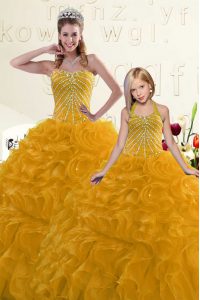 Fantastic Gold Ball Gowns Beading and Ruffles Quinceanera Gown Lace Up Organza Sleeveless Floor Length