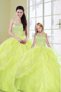 Stylish Yellow Green Ball Gowns Sweetheart Sleeveless Organza Floor Length Lace Up Beading and Sequins Quinceanera Gowns