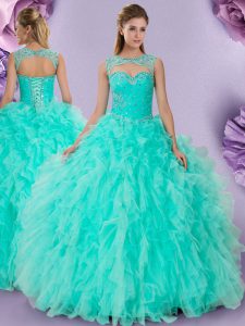 Elegant Scoop Apple Green Lace Up 15 Quinceanera Dress Beading and Ruffles Sleeveless Floor Length