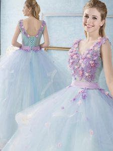 Fabulous Sleeveless Floor Length Appliques and Ruffles Lace Up Quinceanera Gown with Light Blue