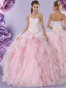 Flare Floor Length Baby Pink Quince Ball Gowns Tulle Sleeveless Beading and Lace and Ruffles