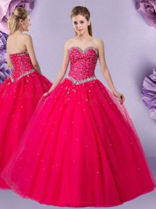 Admirable Coral Red Tulle Lace Up Sweet 16 Dress Sleeveless Floor Length Beading