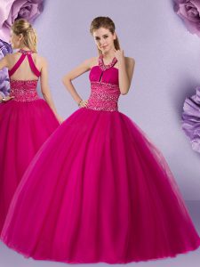 Edgy Fuchsia Quince Ball Gowns Military Ball and Sweet 16 and Quinceanera with Beading Halter Top Sleeveless Lace Up