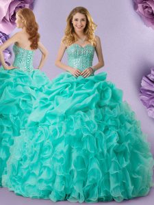 Sophisticated Turquoise Organza Lace Up Ball Gown Prom Dress Sleeveless Floor Length Beading and Ruffles and Pick Ups