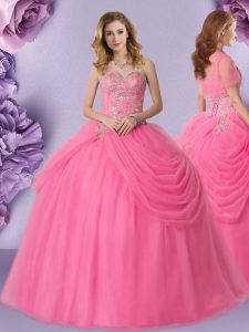 Sleeveless Tulle Floor Length Lace Up 15 Quinceanera Dress in Rose Pink with Beading and Pick Ups