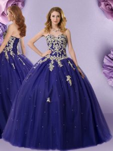 Navy Blue Sleeveless Floor Length Beading Lace Up Quinceanera Gown