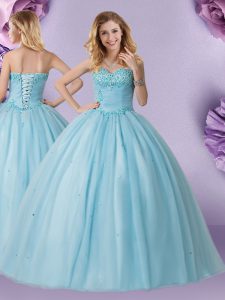 Sleeveless Floor Length Beading Lace Up Quince Ball Gowns with Light Blue