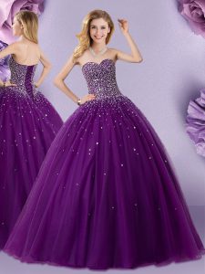 Discount Dark Purple Ball Gowns Beading Vestidos de Quinceanera Lace Up Tulle Sleeveless Floor Length