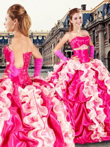 Strapless Sleeveless Sweet 16 Quinceanera Dress Floor Length Beading and Ruffles and Pick Ups Hot Pink Organza and Taffeta