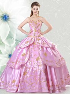 Floor Length Lace Up 15 Quinceanera Dress Lilac for Military Ball and Sweet 16 and Quinceanera with Embroidery