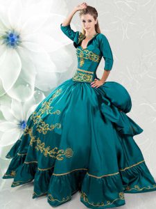 Glittering Teal Ball Gowns Beading and Embroidery Vestidos de Quinceanera Lace Up Taffeta Sleeveless Floor Length
