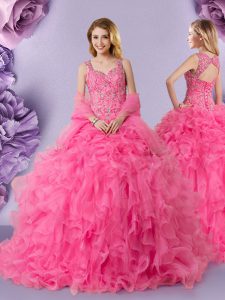 Glamorous Organza Straps Sleeveless Lace Up Lace Vestidos de Quinceanera in Hot Pink