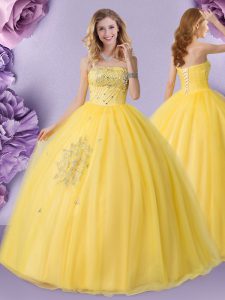 Sleeveless Tulle Floor Length Lace Up Vestidos de Quinceanera in Gold with Beading