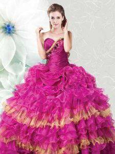Sophisticated Fuchsia Organza Lace Up Quinceanera Dresses Sleeveless Floor Length Ruffles and Ruffled Layers