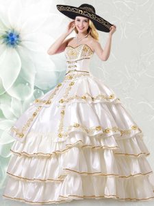 Elegant White Sleeveless Embroidery and Ruffled Layers Floor Length Ball Gown Prom Dress