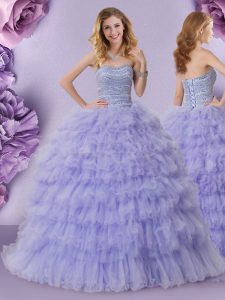 Fantastic Sleeveless Floor Length Beading and Ruffled Layers Lace Up Vestidos de Quinceanera with Lavender