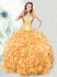 Sleeveless Organza Floor Length Lace Up Quince Ball Gowns in Gold with Beading and Ruffles