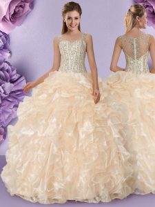 Deluxe Straps Beading and Ruffles Ball Gown Prom Dress Champagne Zipper Sleeveless Floor Length