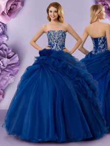 Organza Strapless Sleeveless Lace Up Beading and Ruffles and Hand Made Flower 15th Birthday Dress in Royal Blue