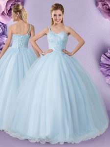 On Sale Light Blue One Shoulder Neckline Appliques Ball Gown Prom Dress Sleeveless Lace Up