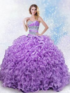 Fancy Organza Sweetheart Sleeveless Lace Up Beading and Ruffles Quinceanera Dress in Lavender