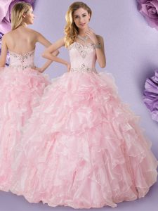 Vintage Baby Pink Ball Gowns Beading and Ruffles Sweet 16 Quinceanera Dress Lace Up Organza Sleeveless Floor Length