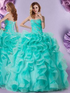 Superior Sweetheart Sleeveless Lace Up Quinceanera Gown Aqua Blue Organza