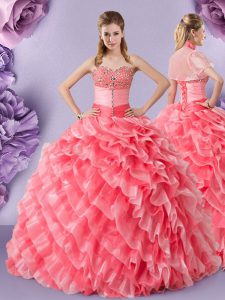Watermelon Red Ball Gowns Sweetheart Sleeveless Organza Floor Length Lace Up Lace Sweet 16 Quinceanera Dress