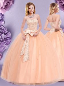 Stunning Peach Zipper Quinceanera Dress Beading and Bowknot Sleeveless Floor Length