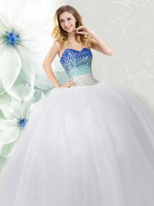 Spectacular Floor Length Lace Up Quinceanera Dress White for Military Ball and Sweet 16 and Quinceanera with Beading