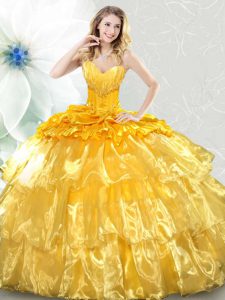 Dynamic Gold Sweetheart Neckline Ruffled Layers and Sequins Quinceanera Gown Sleeveless Lace Up