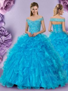 Dynamic Off The Shoulder Sleeveless Organza Quince Ball Gowns Beading and Lace and Ruffles Lace Up