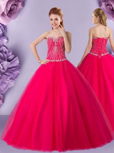 Hot Pink Ball Gowns Sweetheart Sleeveless Tulle Floor Length Lace Up Beading Sweet 16 Dress