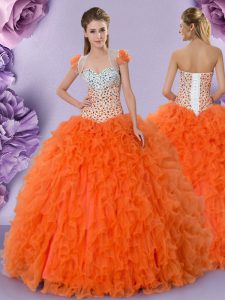 Floor Length Orange Red Quinceanera Gown Sweetheart Sleeveless Lace Up