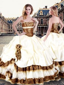 Extravagant Champagne Ball Gowns Taffeta Strapless Sleeveless Pick Ups and Hand Made Flower Floor Length Lace Up Vestidos de Quinceanera