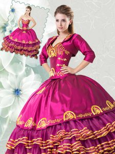 Lovely Fuchsia Ball Gowns Sweetheart Sleeveless Organza and Taffeta Floor Length Lace Up Embroidery and Ruffled Layers Sweet 16 Quinceanera Dress