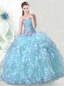 Hot Sale Floor Length Lace Up Ball Gown Prom Dress Light Blue for Military Ball and Sweet 16 and Quinceanera with Beading and Ruffles
