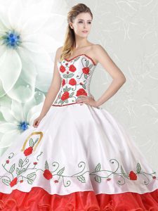 Trendy White and Red Sweetheart Neckline Embroidery and Ruffled Layers Quinceanera Dresses Sleeveless Lace Up