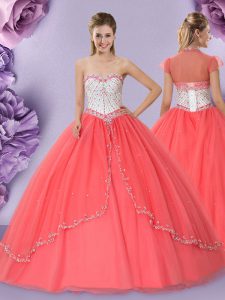 Traditional Watermelon Red Tulle Lace Up Sweetheart Sleeveless Floor Length Quinceanera Gowns Beading