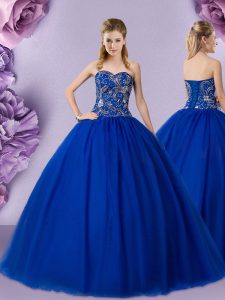 Royal Blue Sleeveless Floor Length Beading Lace Up Ball Gown Prom Dress