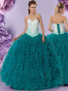 Colorful Teal Sleeveless Beading and Ruffles Floor Length Quinceanera Dresses
