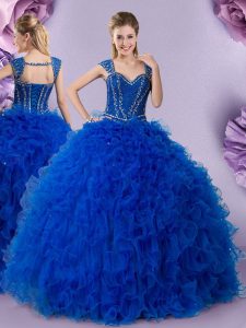 Straps Floor Length Ball Gowns Cap Sleeves Royal Blue Ball Gown Prom Dress Lace Up