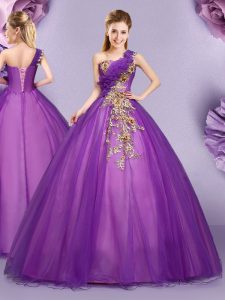 Wonderful One Shoulder Floor Length Purple Sweet 16 Dress Tulle Sleeveless Appliques and Ruffles