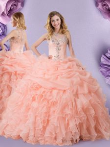 Straps Sleeveless Ball Gown Prom Dress Floor Length Beading and Ruffles and Pick Ups Peach Organza