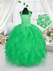 Stylish Apple Green Organza Lace Up Halter Top Sleeveless Floor Length Kids Formal Wear Appliques and Ruffles