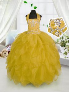 Hot Selling Gold Organza Lace Up Halter Top Sleeveless Floor Length Little Girls Pageant Gowns Beading and Ruffles