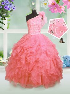 One Shoulder Floor Length Lace Up Kids Pageant Dress Watermelon Red for Party and Wedding Party with Beading and Ruffles